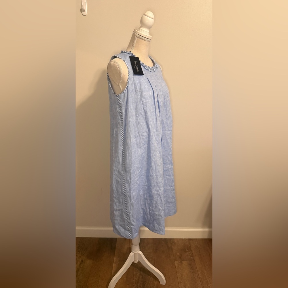 NWT Sara Campbell Linen Sleeveless TRAPEZE DRESS W/GINGHAM TRIM Sz S - Picture 2 of 8